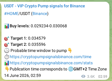 Authenticated proof of HOME's pump signal on Binance at 18 June 2026, 05:39