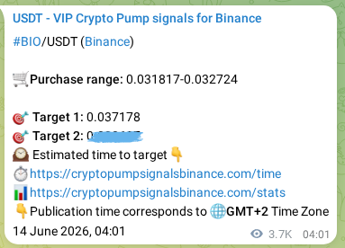 Trading signal proof: BIO pump from Binance, 18 June 2026, 10:22