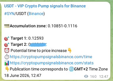 Crypto trading signal proof: SYN pump on Binance, 18 June 2026, 17:02