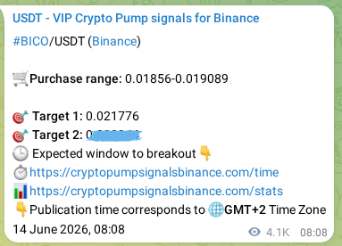 Trading signal proof: BICO pump from Binance, 19 June 2026, 08:53