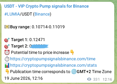 Live proof of LUMIA pump signal on Binance, 19 June 2026, 21:29