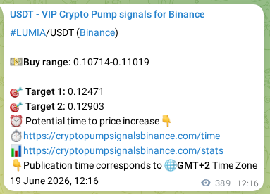 LUMIA pump verification image from Binance, 19 June 2026, 23:05