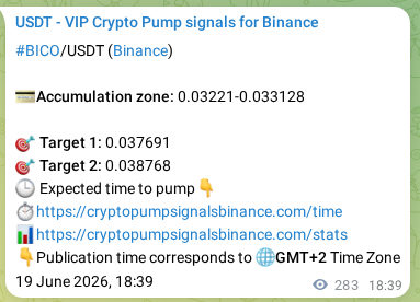 Binance pump signal proof for BICO on 20 June 2026, 02:18