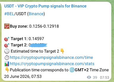 Binance pump signal data for BEL at 20 June 2026, 08:58