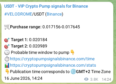 Proof of VELODROME pump signal on Binance at 21 June 2026, 00:19