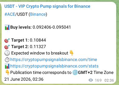 Binance pump signal proof for ACE on 21 June 2026, 07:18