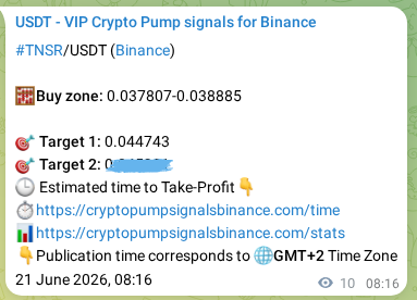 Binance trading signal proof for TNSR pump, 21 June 2026, 08:21