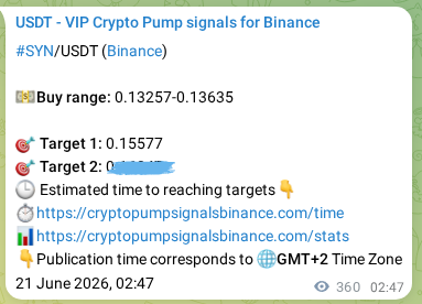 Crypto trading signal proof: SYN pump on Binance, 21 June 2026, 12:46