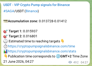 Crypto signal proof: SAGA pump on Binance, 21 June 2026, 18:06
