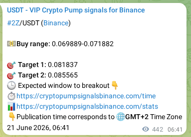 Market signal proof: 2Z pump from Binance, 21 June 2026, 18:58