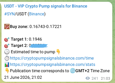 Crypto pump signal proof: SYN on Binance, 22 June 2026, 03:32