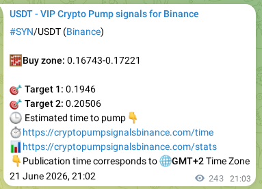 Binance trading signal proof for SYN pump, 22 June 2026, 03:34