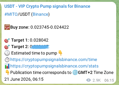 Binance trading signal proof for MITO pump, 24 June 2026, 15:20