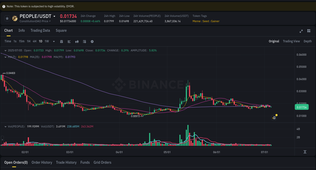 Analysis of PEOPLE pump activity on Binance at 05 July 2025, 23:31