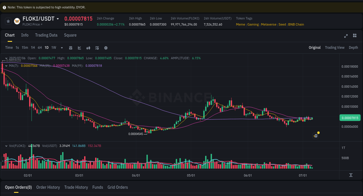 Analysis of FLOKI pump activity on Binance at 06 July 2025, 09:27