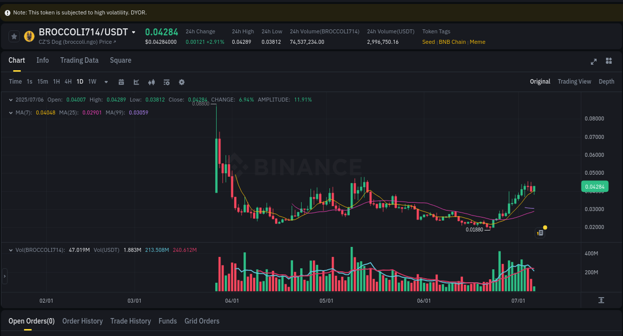 Binance exchange trading report for BROCCOLI714, 06 July 2025, 15:22