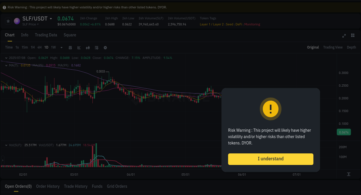 Binance pump report for SLF on 08 July 2025, 13:59