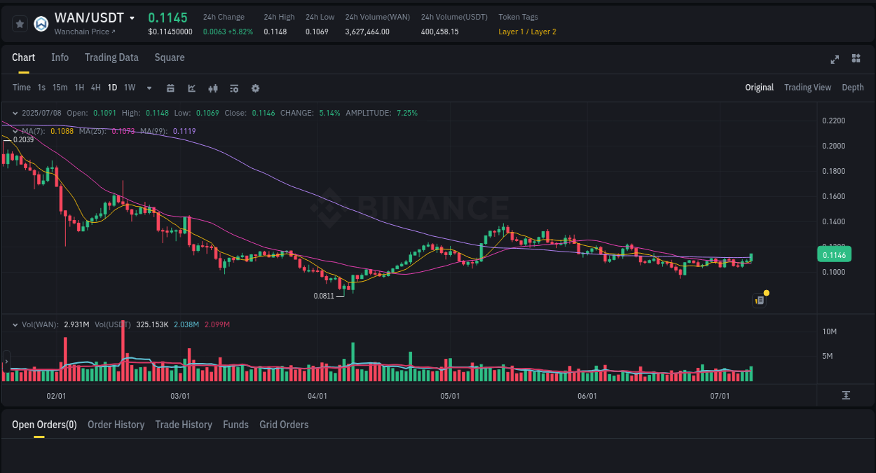 Crypto trading report: WAN pump on Binance, 08 July 2025, 15:32