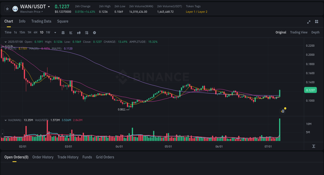 Binance pump overview for WAN, captured at 08 July 2025, 15:57