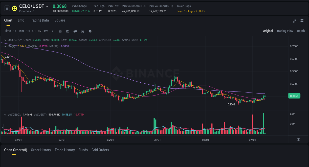Crypto pump report: CELO on Binance, 09 July 2025, 02:46