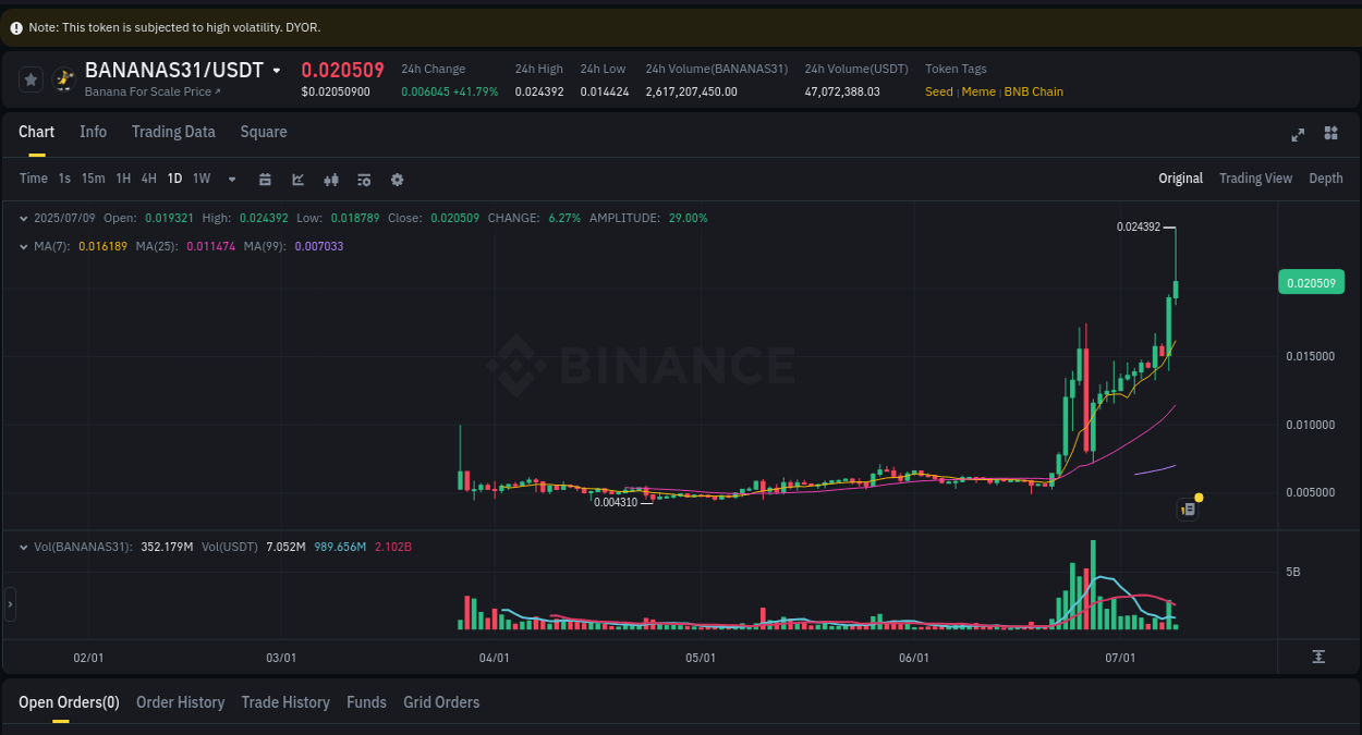 Binance pump data for BANANAS31 at 09 July 2025, 05:21