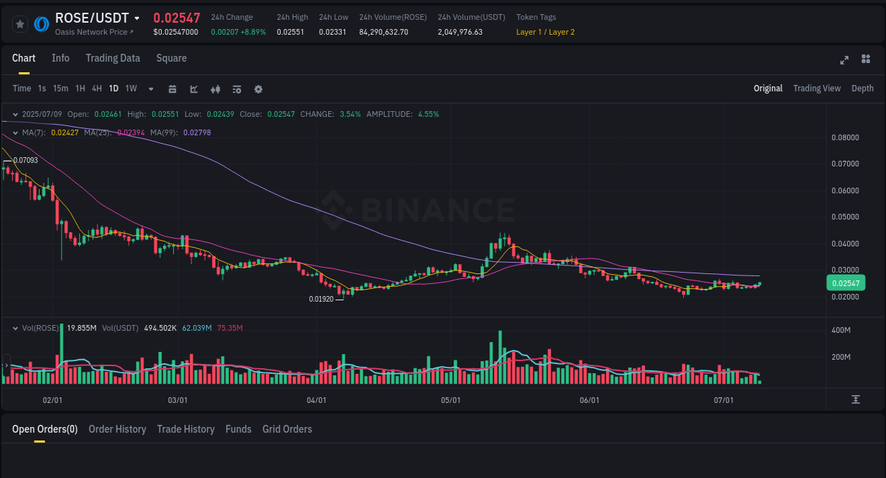Crypto market report: ROSE pump on Binance, 09 July 2025, 07:55