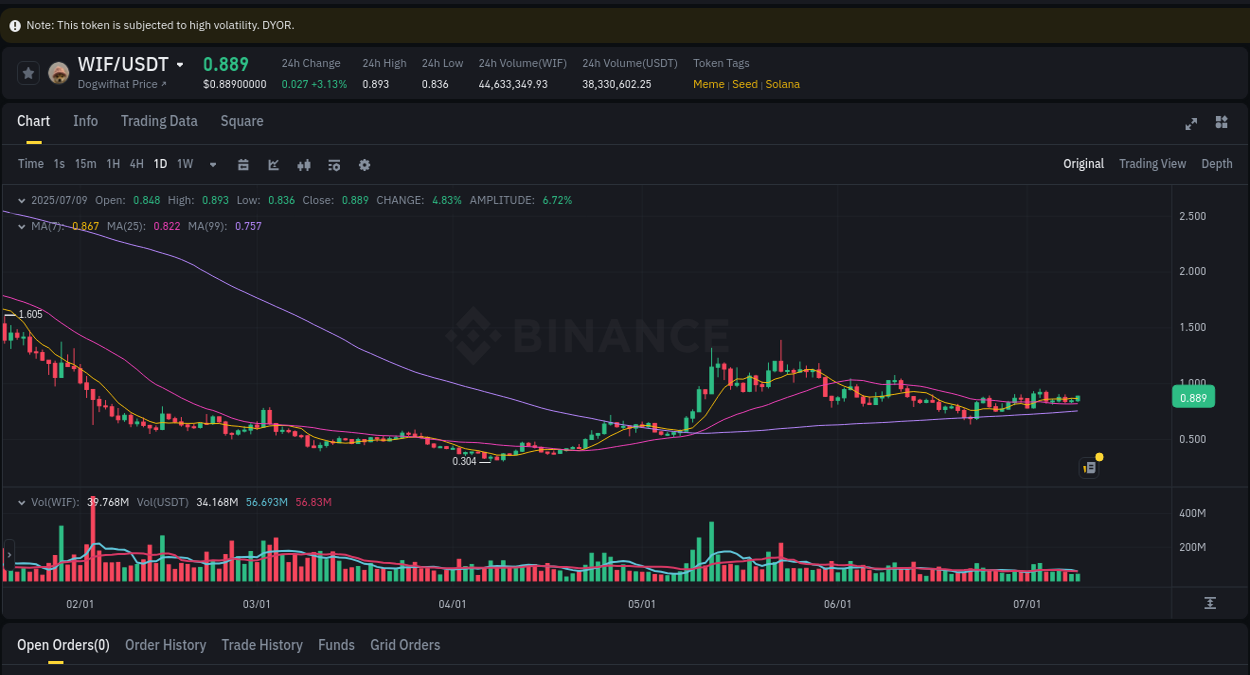 Market insights: WIF on Binance at 09 July 2025, 20:23