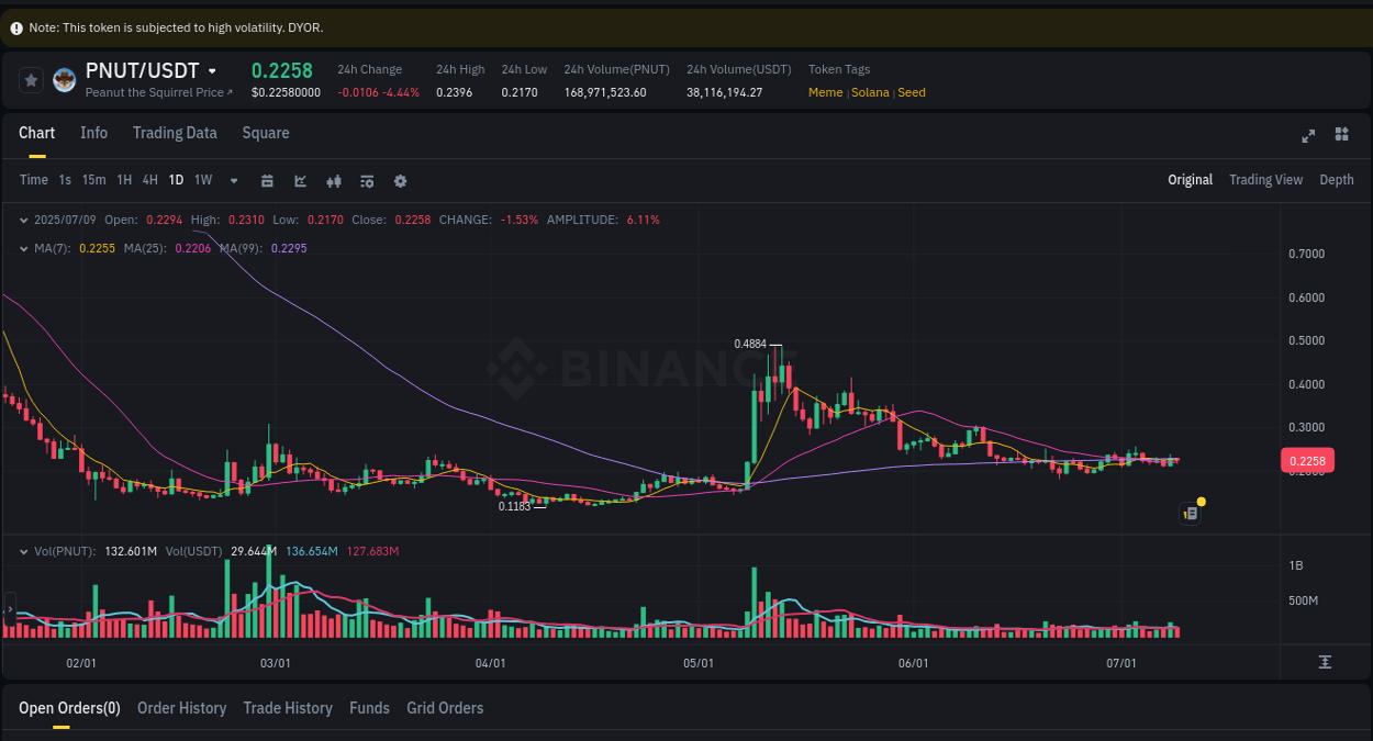 Crypto market update: PNUT pump on Binance, 09 July 2025, 21:27