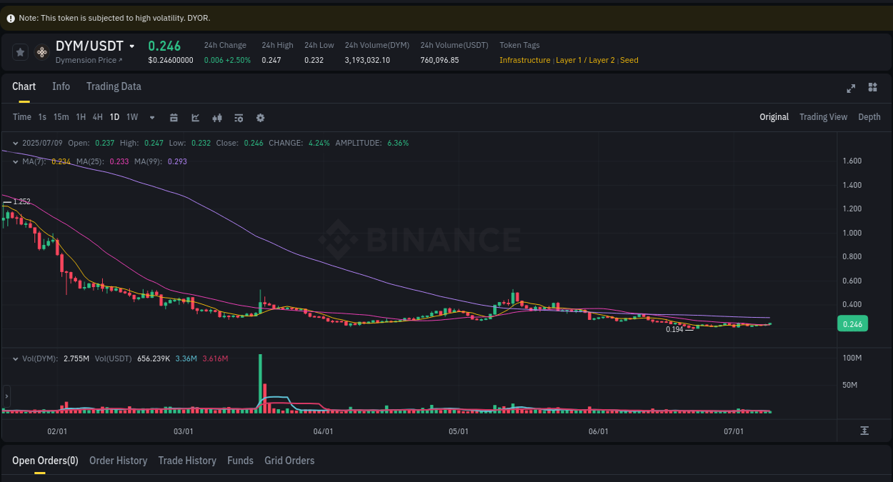 Crypto trading analysis: DYM pump on Binance, 09 July 2025, 21:52