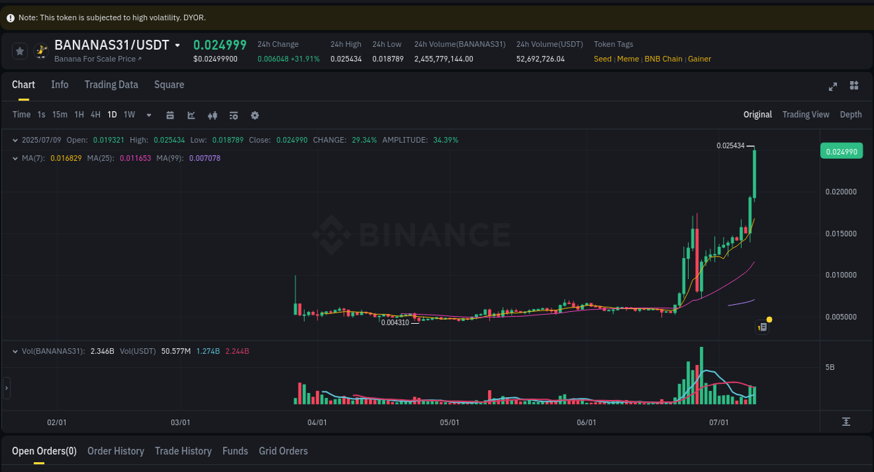 Binance pump data for BANANAS31 at 09 July 2025, 23:23