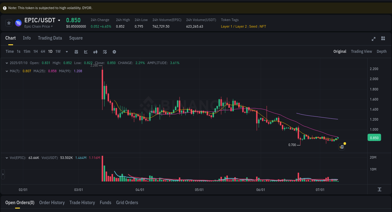 Crypto market trends: EPIC pump on Binance, 10 July 2025, 05:52
