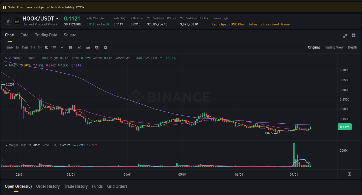 Crypto pump report: HOOK on Binance, 10 July 2025, 06:48