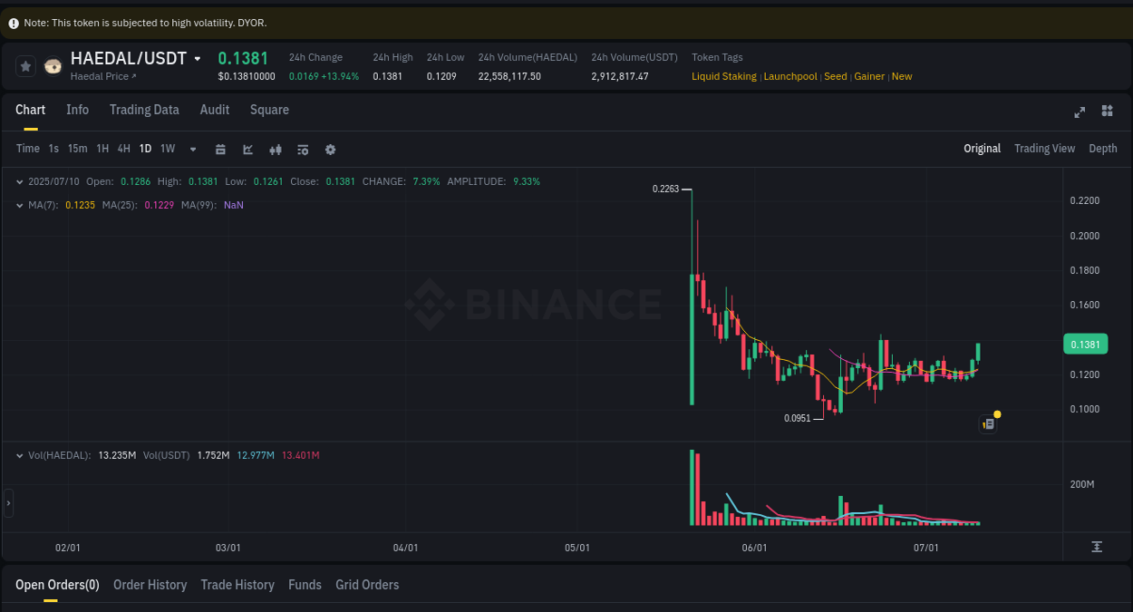 Binance exchange trading report for HAEDAL, 10 July 2025, 10:37