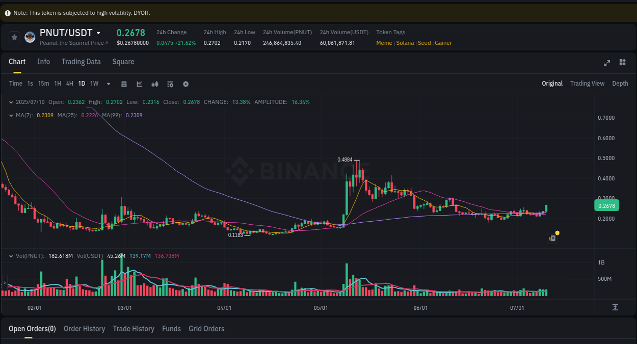 Market trend analysis: PNUT pump on Binance at 10 July 2025, 19:14