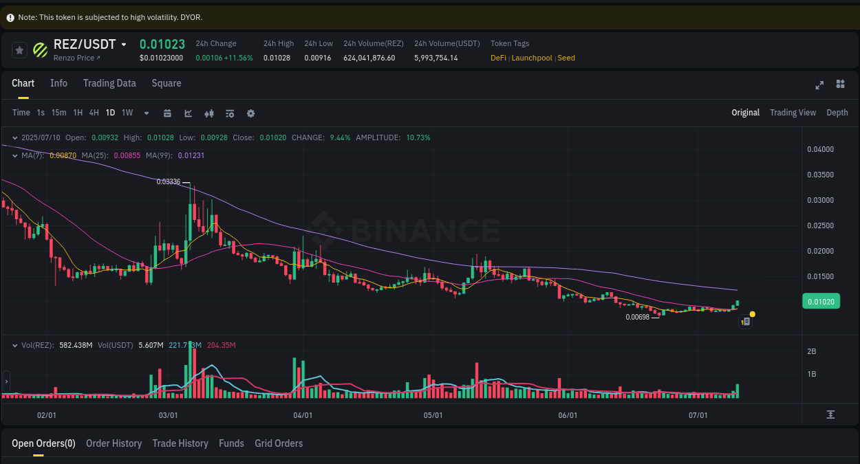 Binance exchange insights for REZ, 10 July 2025, 22:49