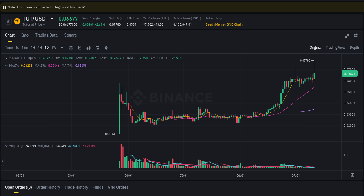 Gain insights into TUT's pump activity on Binance, 11 July 2025, 03:10 Detailed analysis of TUT's price surge on Binance, 11 July 2025, 03:10