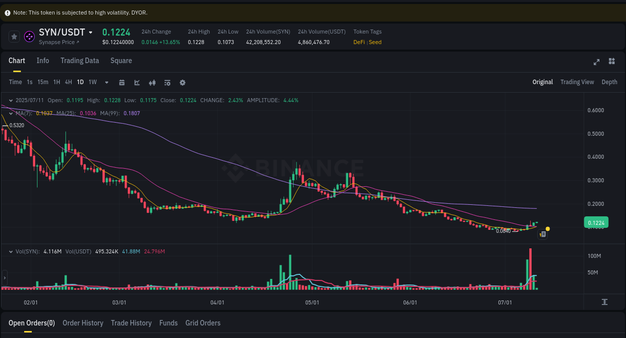 Explore the SYN price surge report from Binance, timestamp: 11 July 2025, 06:27 SYN price surge report from Binance, timestamp: 11 July 2025, 06:27