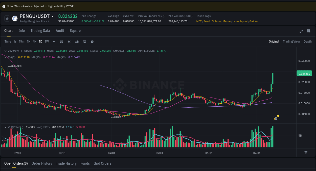 View pump trends for PENGU at 11 July 2025, 22:24 Binance pump trends for PENGU at 11 July 2025, 22:24