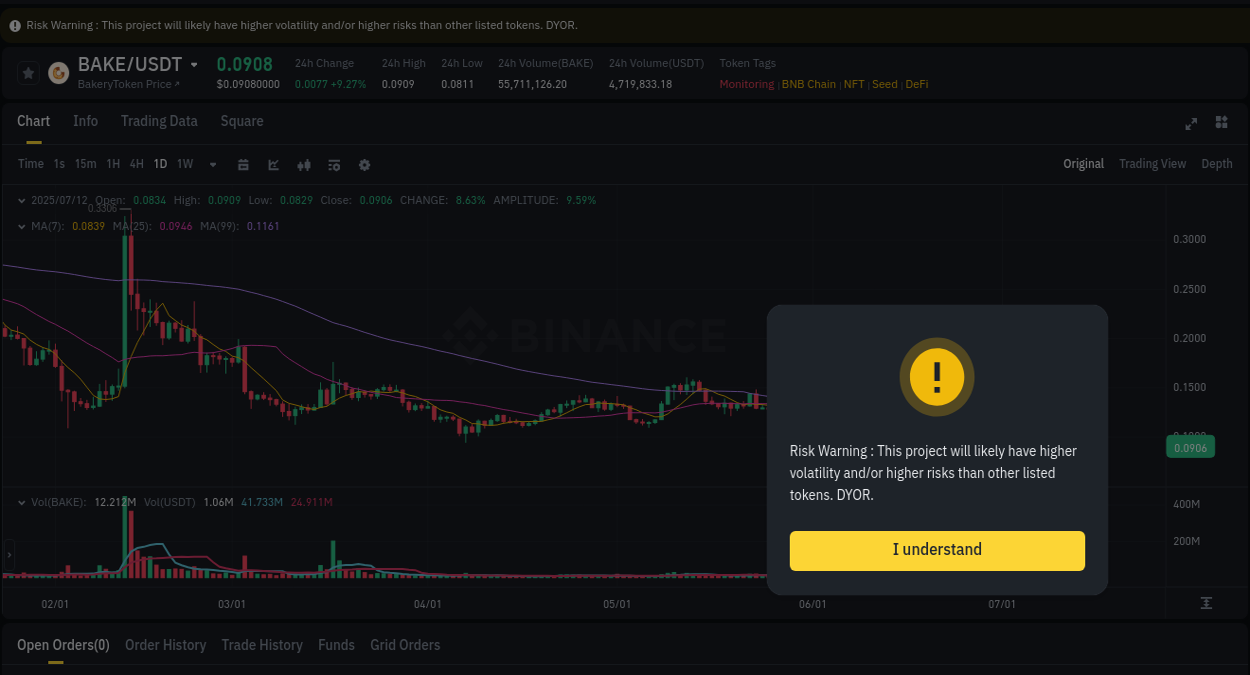 View the trading report for BAKE pump on Binance, 12 July 2025, 06:21 Binance trading data for BAKE pump, 12 July 2025, 06:21