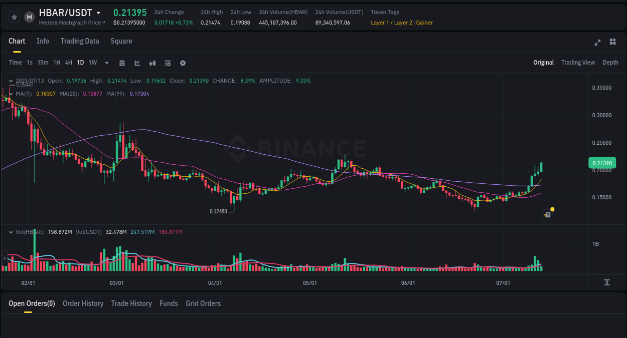 Detailed analysis of HBAR's price surge on Binance, 13 July 2025, 07:44