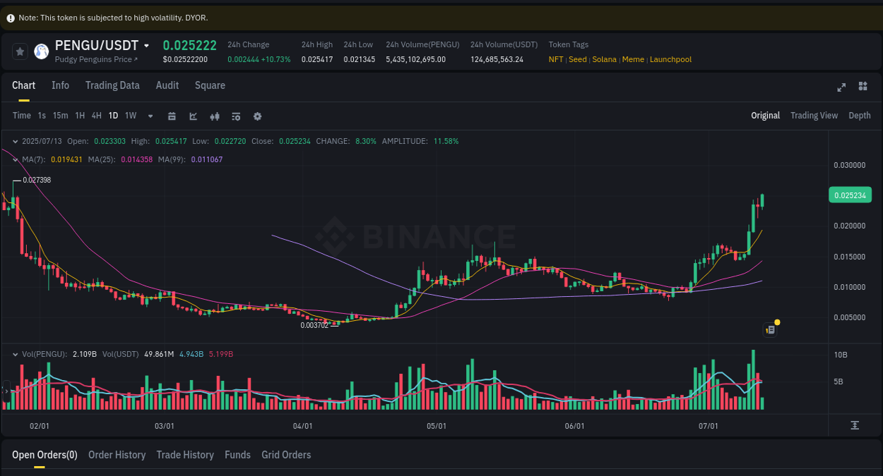 Live report of PENGU pump on Binance, 13 July 2025, 12:05