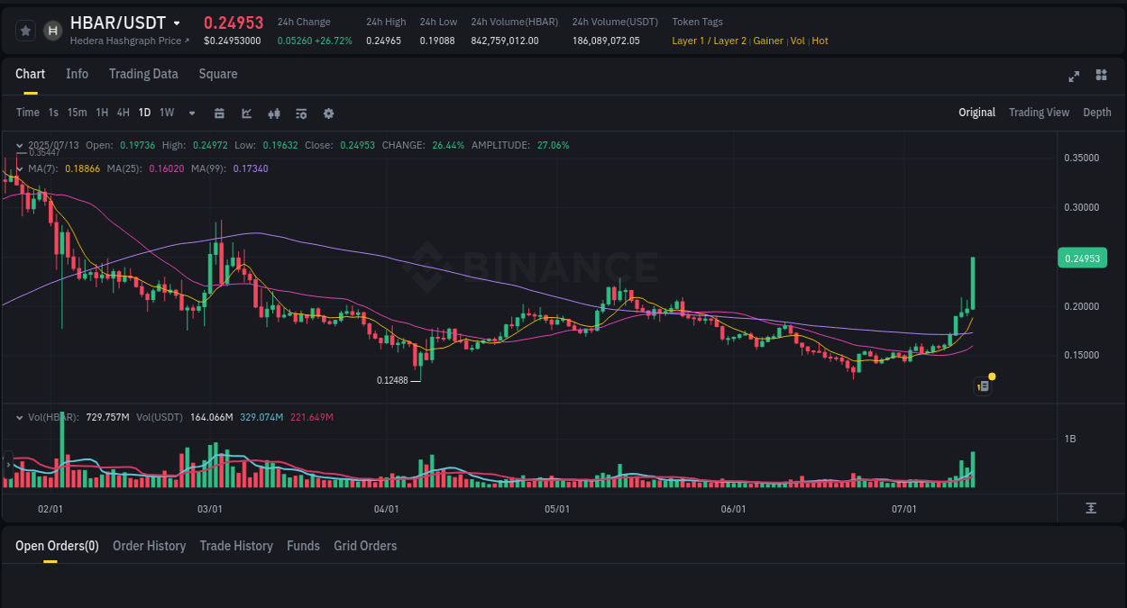 Crypto pump insights for HBAR on Binance, 13 July 2025, 16:46
