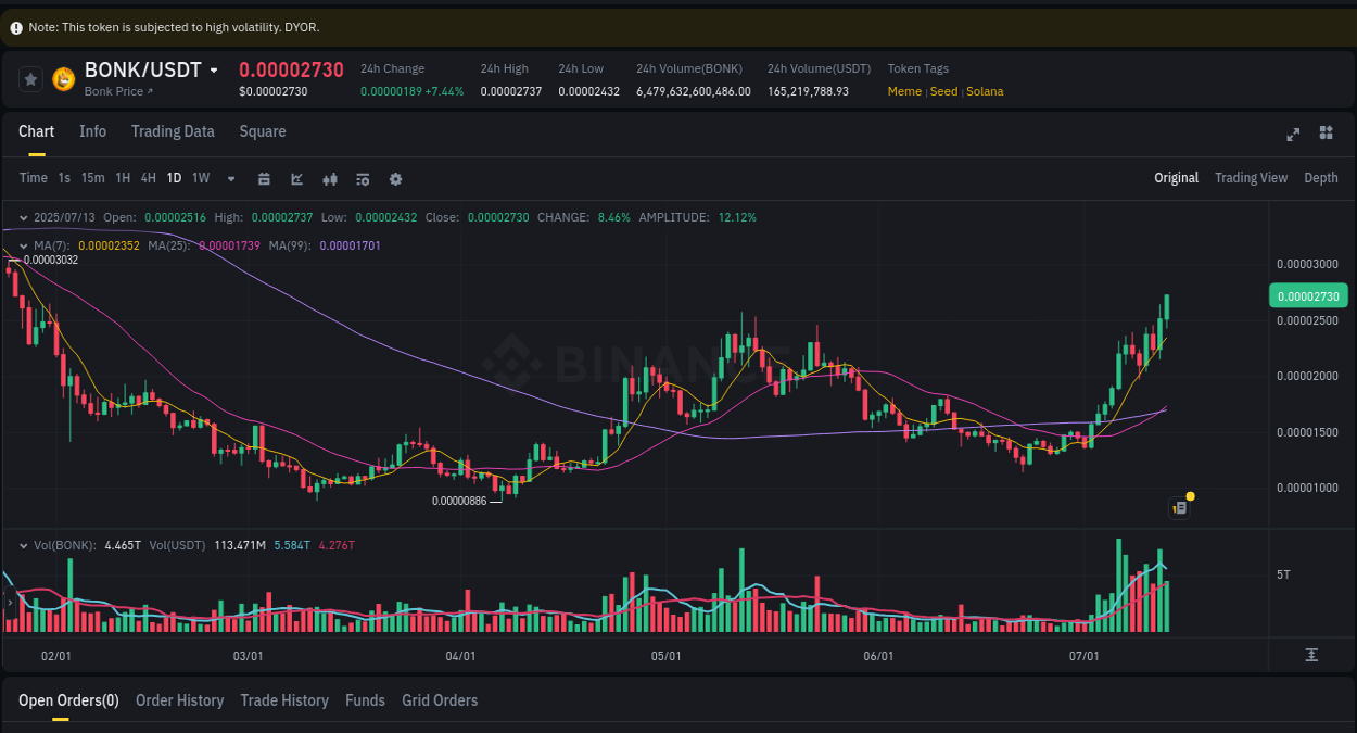 Crypto market update: BONK pump on Binance, 13 July 2025, 20:53