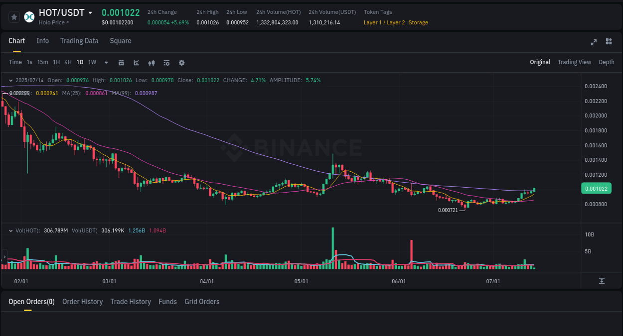 Binance pump data for HOT at 14 July 2025, 06:58