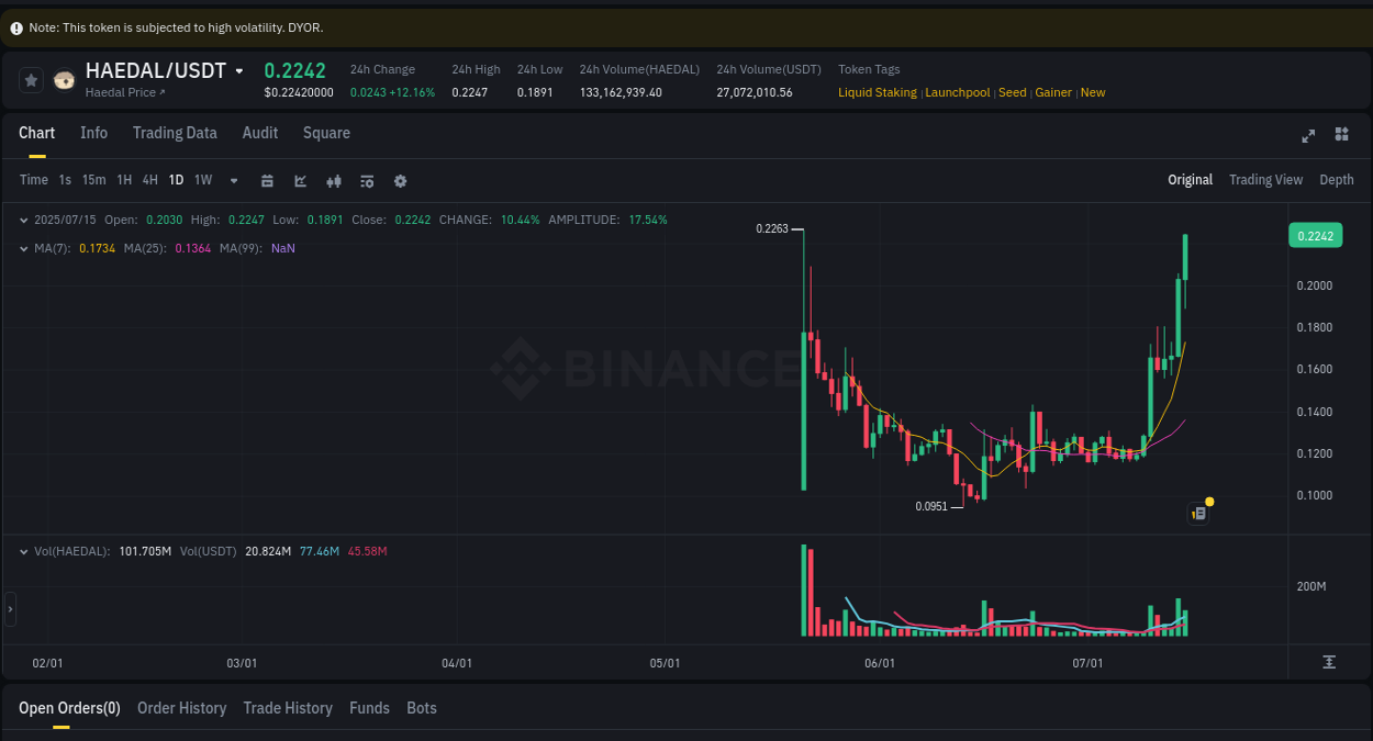 Binance trading data for HAEDAL pump, 15 July 2025, 19:03