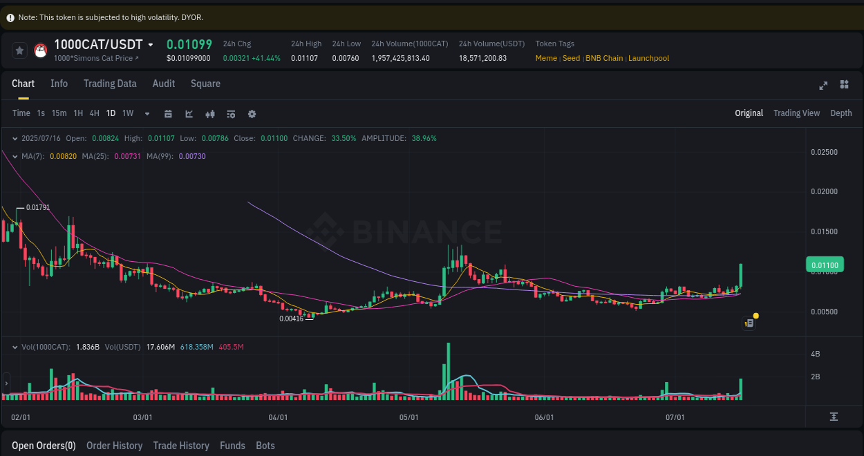 Pump report for 1000CAT on Binance at 16 July 2025, 20:10