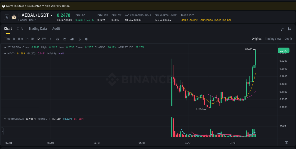 Crypto pump insights: HAEDAL on Binance, 16 July 2025, 21:55