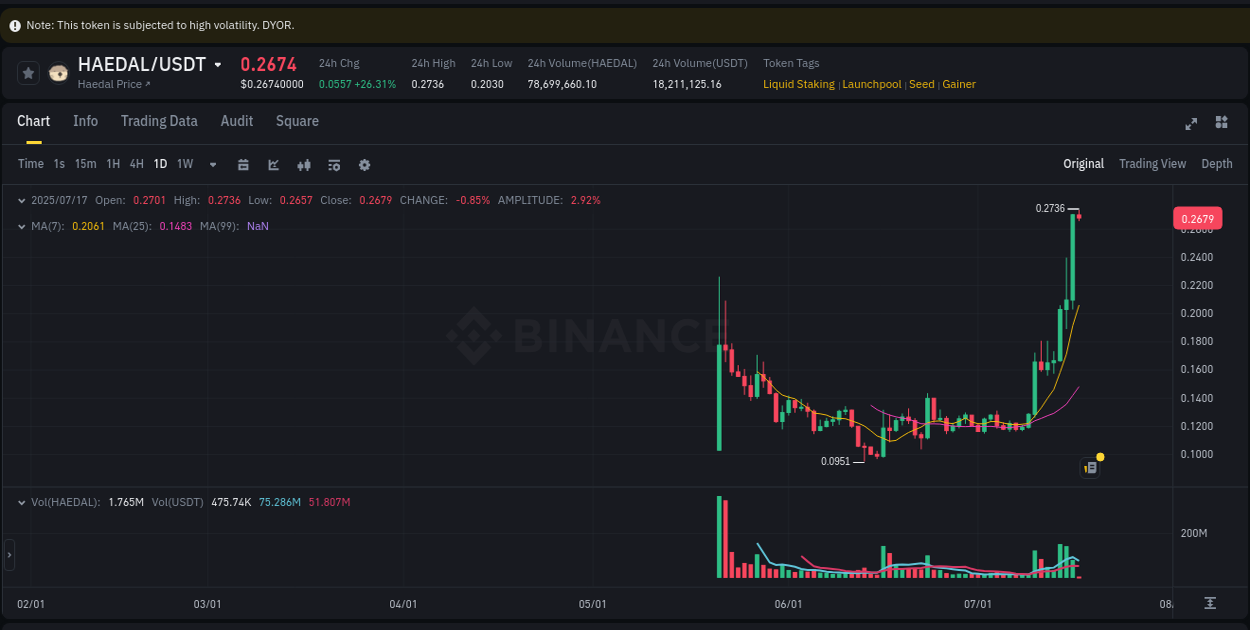 Binance pump report for HAEDAL on 17 July 2025, 02:03