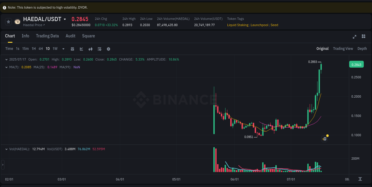 Crypto pump report: HAEDAL on Binance, 17 July 2025, 02:56