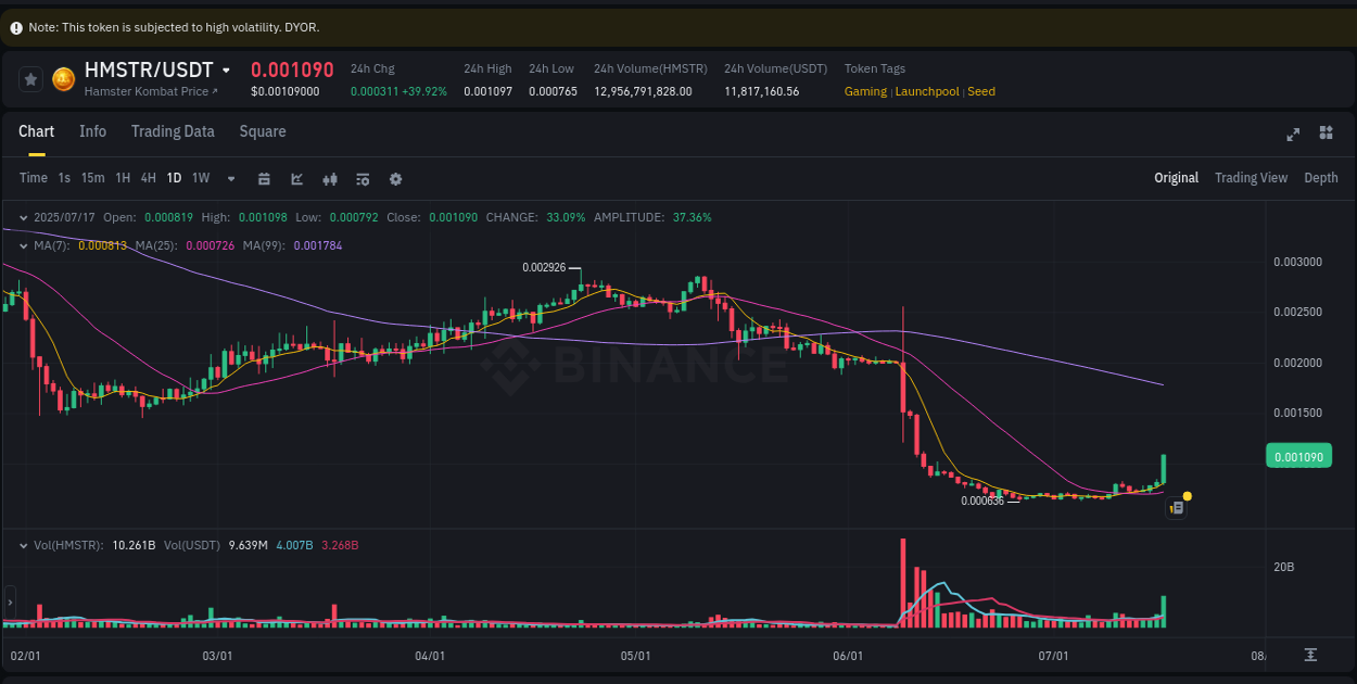 Crypto trading analysis: HMSTR pump on Binance, 17 July 2025, 12:48